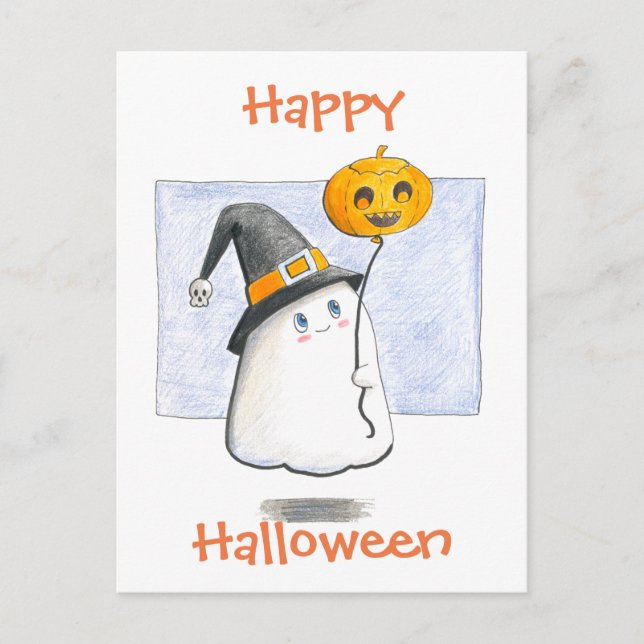 Cartão Postal De Festividades Baby Ghost With A Balloon// Happy Halloween (Frente)