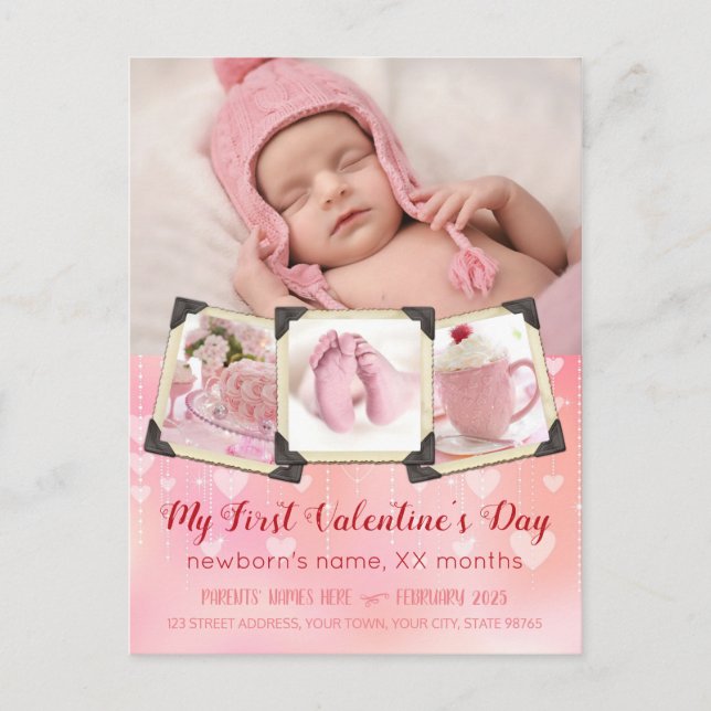 Cartão Postal De Festividades Baby My First Day Blush Pink Photos (Frente)