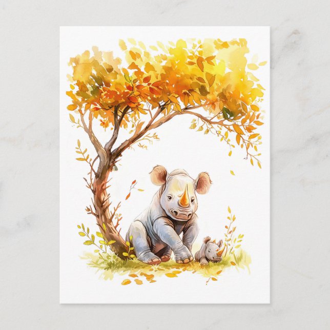 Cartão Postal De Festividades Baby Rhino descendo debaixo de uma árvore (Frente)