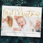 Cartão Postal De Festividades Baby's First Christmas Modern Simple Chic Photo<br><div class="desc">Design at the front consist of playful cursive typography of "First Christmas". Add a custom photo of your new baby and add baby's and family name. This design is modern,  chic,  playful and fun.</div>