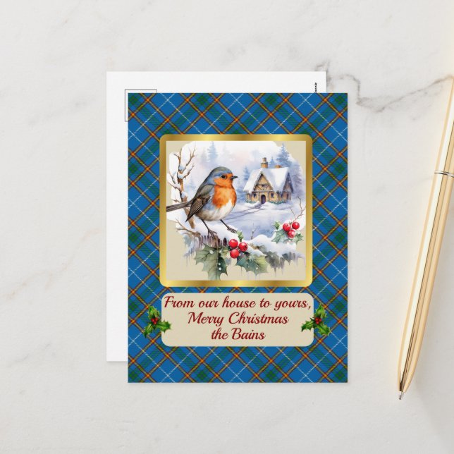 Cartão Postal De Festividades Bain Crest & Tartan w/Robin Personalizado (Frente/Verso In Situ)