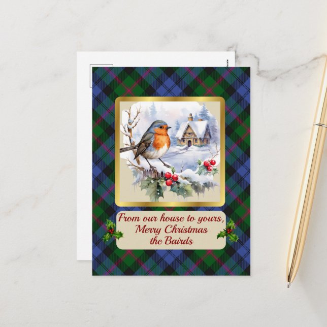 Cartão Postal De Festividades Baird Crest & Tartan w/Robin Personalizado (Frente/Verso In Situ)