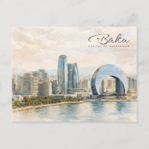 Baku Azerbaijão Capital Aquarela Presente de Viage