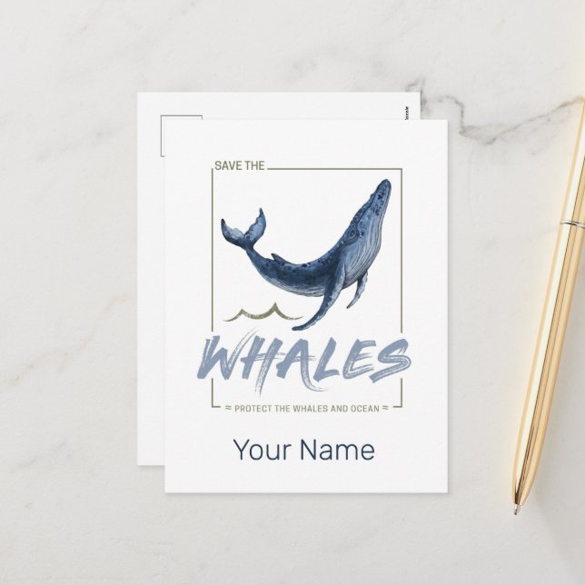 Cartão Postal De Festividades Baleias de proteção à baleia e Cetáceos de aquarel (Frente/Verso In Situ)