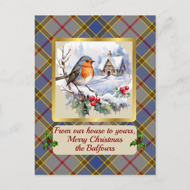 Cartão Postal De Festividades Balfour Crest & Tartan w/Robin Personalizado (Frente)