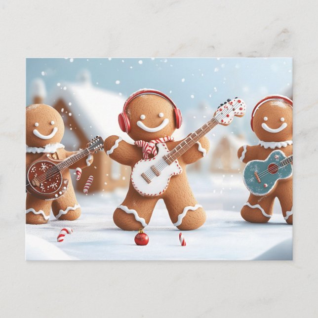 Cartão Postal De Festividades Banda de pão-de-gengibre brincando na neve (Frente)