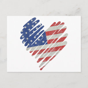 Cartão Postal De Festividades Bandeira Americana Coração Vermelho Branco Azul Fo