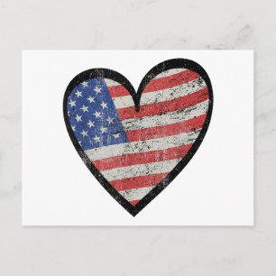 Cartão Postal De Festividades Bandeira Americana Coração Vermelho Branco Azul Fo