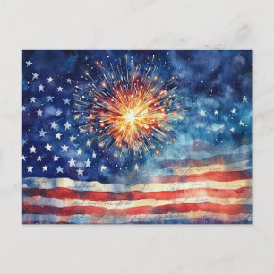 Cartão Postal De Festividades Bandeira americana e fogos de artifício e Promessa