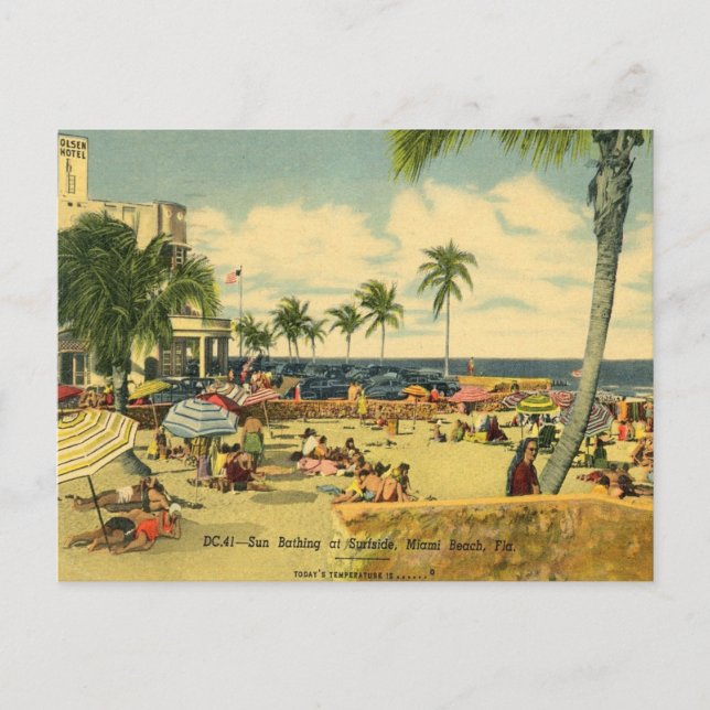 Cartão Postal De Festividades Banho do sol na praia de Miami. (Frente)