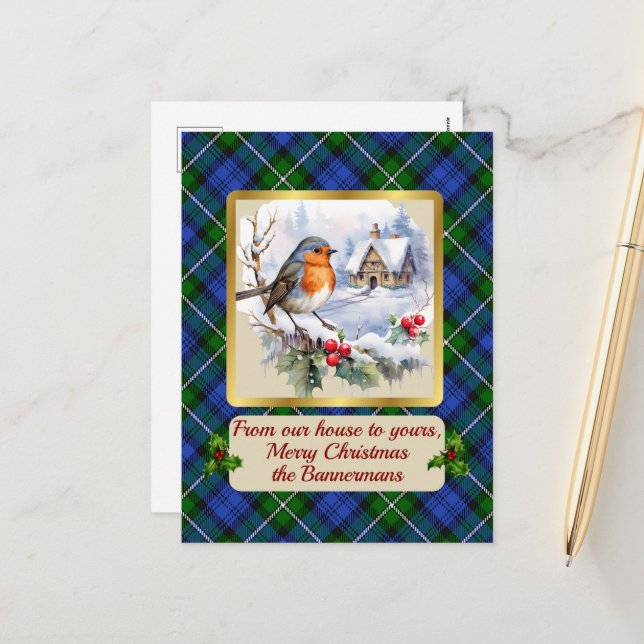 Cartão Postal De Festividades Bannerman Crest & Tartan w/Robin Personalizado (Frente/Verso In Situ)