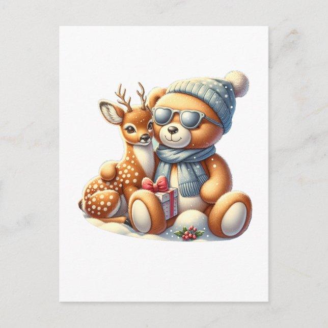 Cartão Postal De Festividades Bärchen und sein Rehkitz im Schnee (Frente)