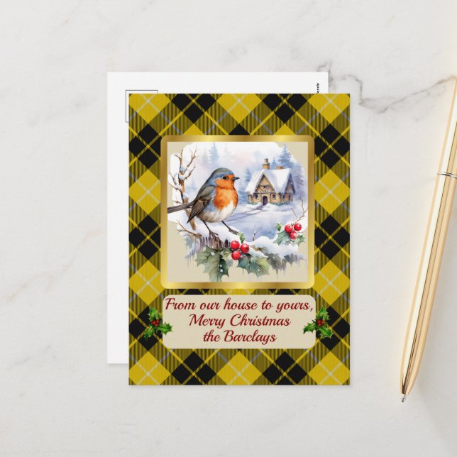Cartão Postal De Festividades Barclay Crest & Tartan w/Robin Personalizado (Frente/Verso In Situ)