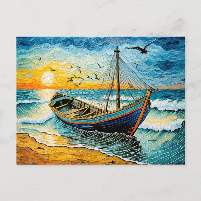 Cartão Postal De Festividades Barco em Águas Calmas no Sunset (Frente)