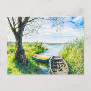 Cartão Postal De Festividades Barcos de salgueiro tranquilizam o rio aquarell ha