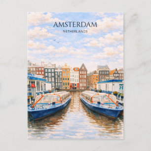 Cartão Postal De Festividades Barcos do Canal de Amsterdã Aquarela Paisagística