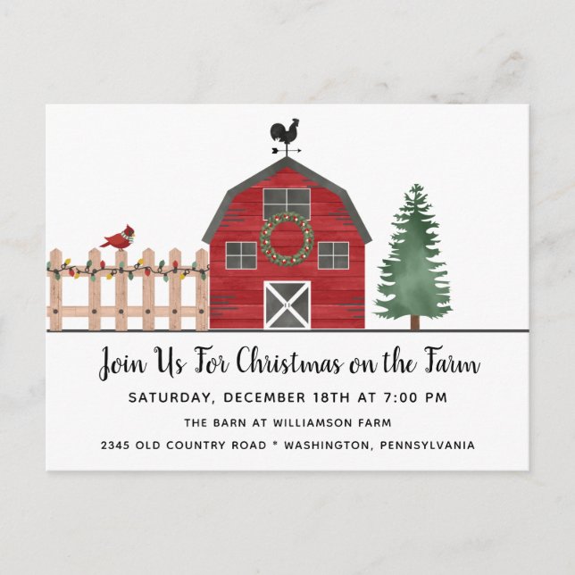 Cartão Postal De Festividades Barn Farm Rustic Country Christmas Invitation (Frente)