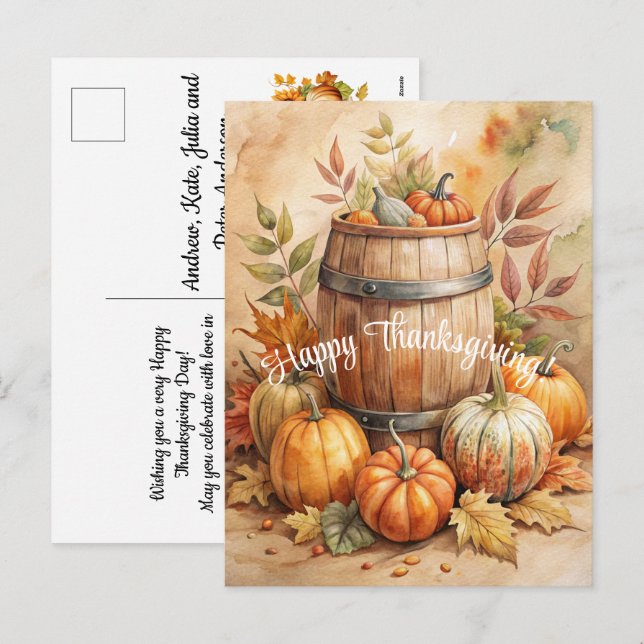 Cartão Postal De Festividades Barrel com Pumpkins Feliz Ação de Graças (Frente/Verso)