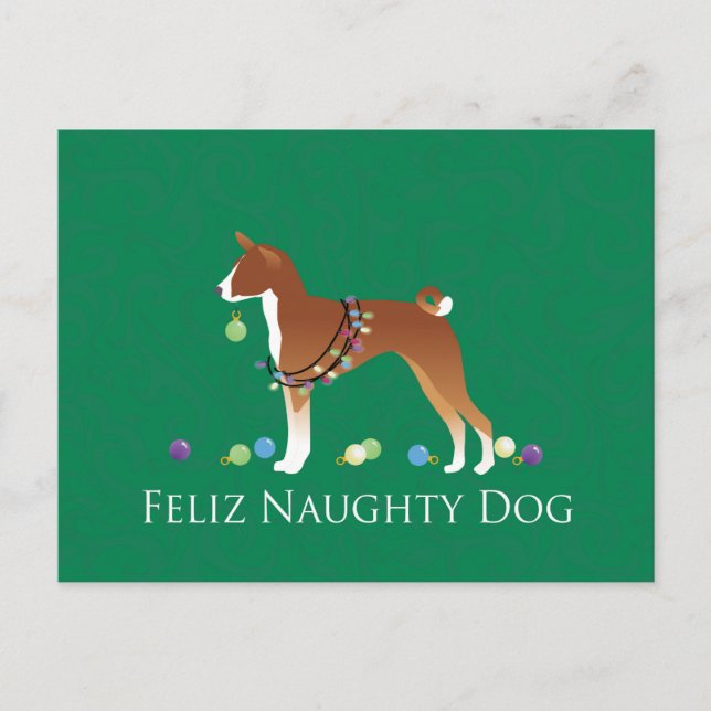 Cartão Postal De Festividades Basenji Feliz Naughn no Natal (Frente)