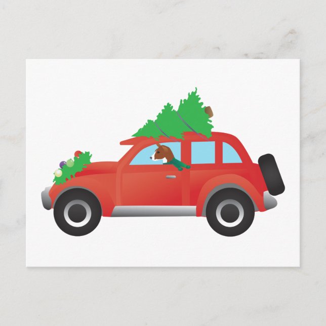 Cartão Postal De Festividades Basenji hound dog driving car with Christmas tree (Frente)