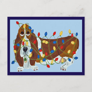 Cartão Postal De Festividades Basset Hound Enroscado Em Luzes De Natal