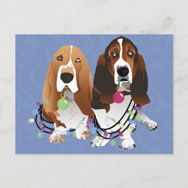 Cartão Postal De Festividades Basset Hound Peace Love Joy Design de Natal (Frente)