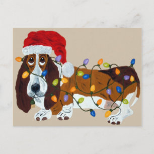 Cartão Postal De Festividades Basset Tangido Em Luzes De Natal