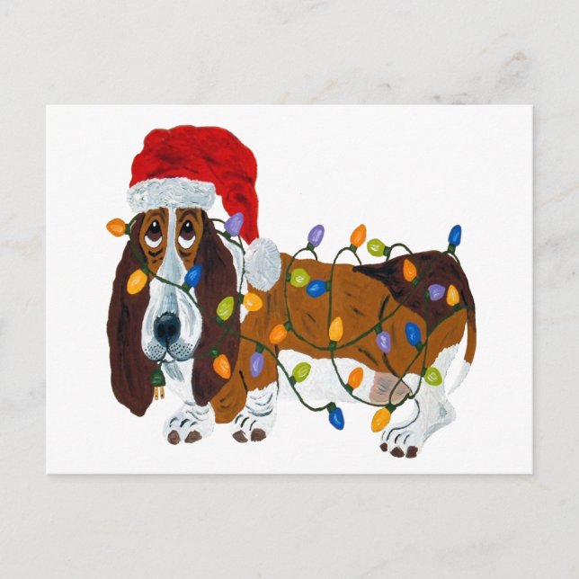 Cartão Postal De Festividades Basset Tangled em luzes de Natal (Frente)