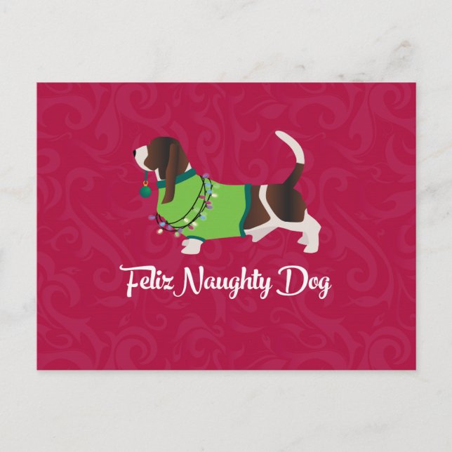 Cartão Postal De Festividades Bassett Hound Christmas Feliz Naughty Dog (Frente)