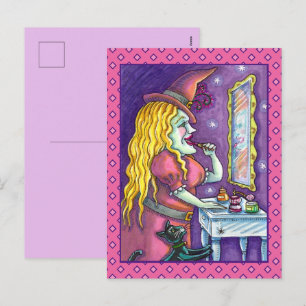 CARTÃO POSTAL DE FESTIVIDADES BATOM DE BRUXA, PERFUME & ESMALTE, ENGRAÇADO FOFO