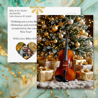 Cartão Postal De Festividades Beautiful Christmas Tree and Violin Festive Poem