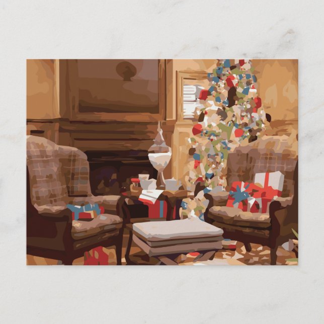 Cartão Postal De Festividades Beautiful Christmas Tree Living Room Scene (Frente)