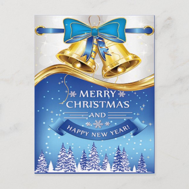 Cartão Postal De Festividades Beautiful Golden Christmas Bells with Blue Bow (Frente)
