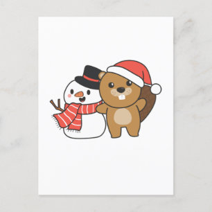 Cartão Postal De Festividades Beaver Com Neve No Inverno No Natal