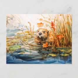 Cartão Postal De Festividades Beaver sentado em um lago entre as sementes