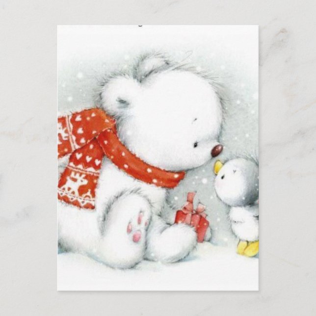 Cartão Postal De Festividades Bebê de Natal Urso Polar Beijando Pássaro (Frente)