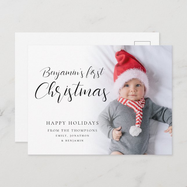 Cartão Postal De Festividades Bebê Primeiro Natal Caligrafia Personalizada (Frente/Verso)