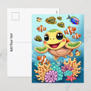 Cartão Postal De Festividades Bebê Tartaruga Marinha Feliz e Fofo Personagem