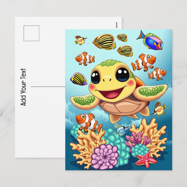 Cartão Postal De Festividades Bebê Tartaruga Marinha Feliz e Fofo Personagem (Frente/Verso)
