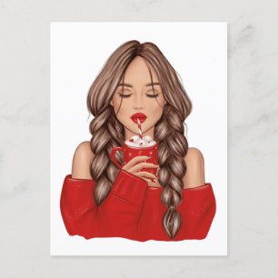 Cartão Postal De Festividades Bebendo Chocolate Quente no Inverno em Suéter Verm