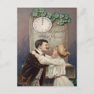 Cartão Postal De Festividades Beijo de Ano Novo Trevo de Quatro Folhas Relógio