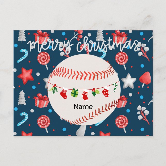 Cartão Postal De Festividades Beisebol para o Natal com nome (Frente)
