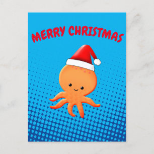 Cartão Postal De Festividades Bela animação Octopus Santas Chapéu de Natal