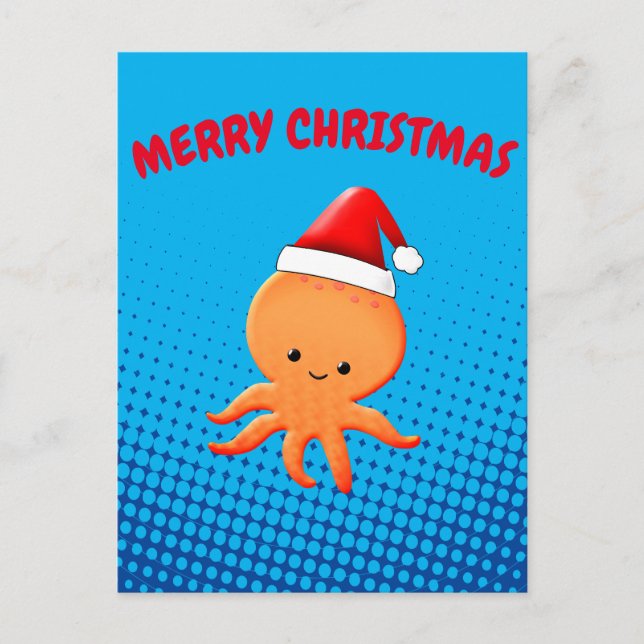 Cartão Postal De Festividades Bela animação Octopus Santas Chapéu de Natal (Frente)