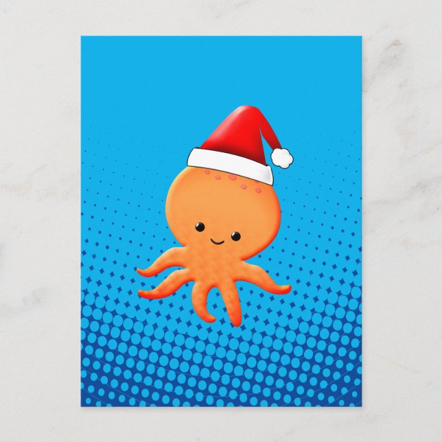 Cartão Postal De Festividades Bela animação Octopus Santas Chapéu de Natal (Frente)