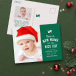 Cartão Postal De Festividades Bela lista de bonitos bebês verdes de Natal<br><div class="desc">Há um novo nome na lista legal! O cartão postal do anúncio de natalidade de Natal deste adorável bebê apresenta um tratamento fofo num fundo verde juntamente com uma fotografia vertical na frente. A parte de trás deste cartão postal de Natal apresenta uma segunda foto e sala para uma mensagem...</div>