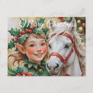 Cartão Postal De Festividades Bells Holly e Elf de Natal de Cavalo