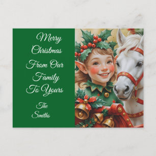 Cartão Postal De Festividades Bells Holly e Elf de Natal de Cavalo