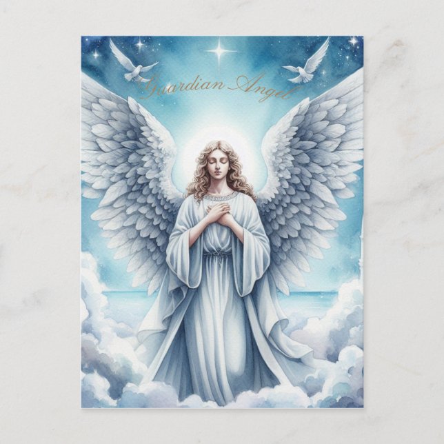 Cartão Postal De Festividades Belo Anjo Guardião Branco (Frente)