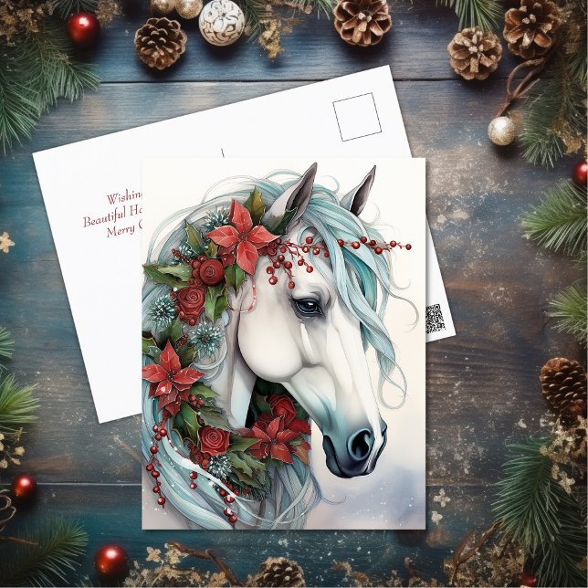 Cartão Postal De Festividades Belo Cavalo Branco com Flores Vermelhas no Natal (Beautiful White Horse with Red Flowers Christmas Holiday Postcard)